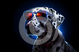 Charming Dalmatian dog on a dark neon background. A wonderful pet.