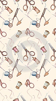 Seamless Pattern with Sewing Tools and Accessories on a Light Background