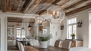 A charming dining room with a reclaimed wood ceiling adorned with exposed beams. The natural knots and weathered texture