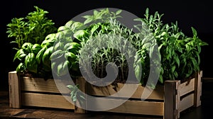 Charming display of fragrant herbs like basil and rosemary in a rustic crate