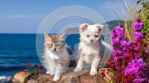 charming dog and cats sit on field beach at sea , puppy sit play on sunset in sea water on beach wild fieldandspanie