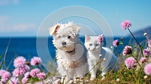 charming dog and cats sit on field beach at sea , puppy sit play on sunset in sea water on beach wild fieldandspanie