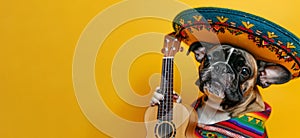 A charming dog in a sombrero hat, strums a guitar against a yellow backdrop, Cinco de Mayo