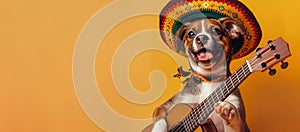 A charming dog wearing a sombrero hat strums a guitar against a yellow background, Cinco de Mayo