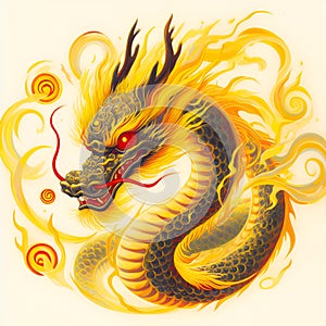 A charming dragon in yellow auras, red eyes, abstract style, ukiyo painting, legend, magical animal design, white background