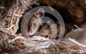 A charming duo of mice nestle within a warm, textured sanctuary, capturing a moment of tranquility. photo