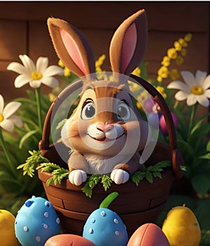 A charming Easter bunny in a 3D cartoon character design. This cheerful happy rabbit emerges from a basket filled with vibrant and