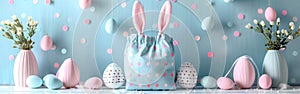 Easter Bunny Greetings: Festive Fabric Gift Bag with Eggs and Ears on White Table - Happy Easter Decoration Concept