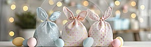 Easter Bunny Greetings: Festive Fabric Gift Bag with Eggs and Ears on White Table - Happy Easter Decoration Concept