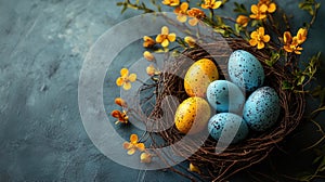 A charming Easter greeting card with a nest of decorated Easter eggs, on a rustic background with textured elements