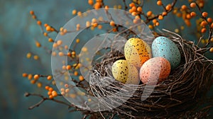A charming Easter greeting card with a nest of decorated Easter eggs, on a rustic background with textured elements
