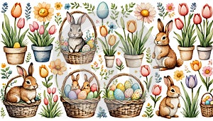 Adorable Easter Bunny with Decorated Eggs and Butterflies