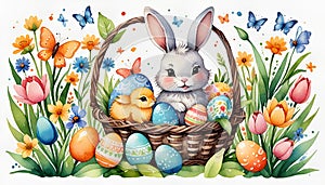 Adorable Easter Bunny with Decorated Eggs and Butterflies
