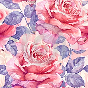 Charming and endlessly repeatable pattern. Delicate watercolor roses in shades of pink and red create a romantic and timeless