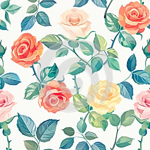 Charming and endlessly repeatable pattern. Delicate watercolor roses in shades of pink and red create a romantic and timeless