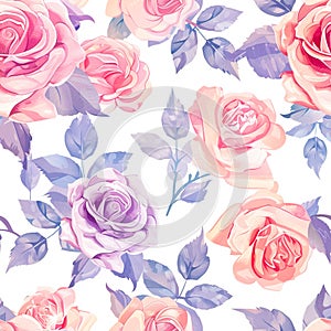 Charming and endlessly repeatable pattern. Delicate watercolor roses in shades of pink and red create a romantic and timeless