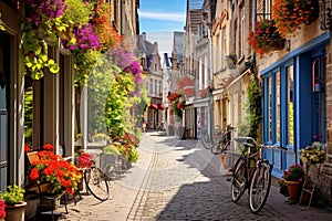 Charming European Shopping District: Vibrant Boutiques, Cobblestone Streets, and Colorful Bicycles