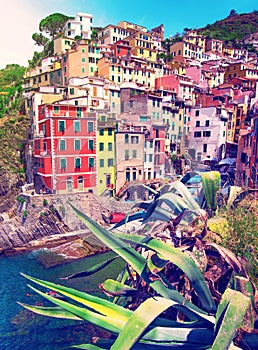 Charming fascinating city landscape with rocks on the coast of Riomaggiore in Cinque Terre, Liguria, Italy. beautiful places