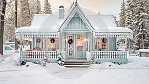 Charming festive christmas cottage with cozy ambiance delicate wreath on front porch