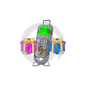 A charming flashdisk cartoon mascot style with two boxes of gifts