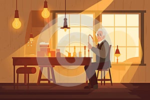 Thomas Edison Flat Illustration: Inventing Light Bulb in Lab, Second Industrial Revolution