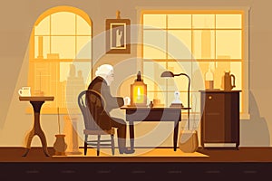 Thomas Edison Flat Illustration: Inventing Light Bulb in Lab, Second Industrial Revolution