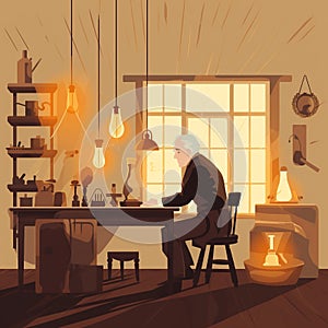 Thomas Edison Flat Illustration: Inventing Light Bulb in Lab, Second Industrial Revolution