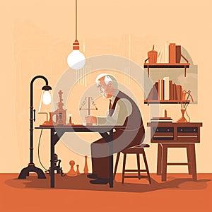 Thomas Edison Flat Illustration: Inventing Light Bulb in Lab, Second Industrial Revolution