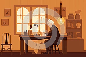 Thomas Edison Flat Illustration: Inventing Light Bulb in Lab, Second Industrial Revolution