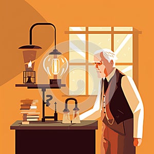 Thomas Edison Flat Illustration: Inventing Light Bulb in Lab, Second Industrial Revolution