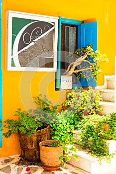 Charming floral colorful streets of old town in Naxos island. Gr