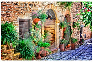 Charming floral decorated streets of medieval towns of Italy. Sp