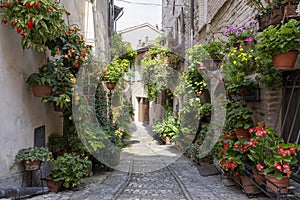 Charming floral decorated streets of medieval towns of Italy. Spello in Umbria