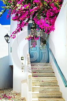 Charming floral streets in Mykonos,Cyclades, Greece