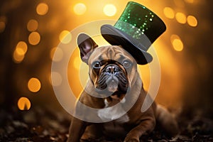 Charming French Bulldog in St. Patrick's Day Attire with a Lucky Shamrock Hat - Generative AI