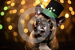 Charming French Bulldog in St. Patrick's Day Attire with a Lucky Shamrock Hat - Generative AI