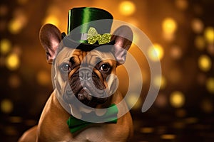 Charming French Bulldog in St. Patrick's Day Attire with a Lucky Shamrock Hat - Generative AI