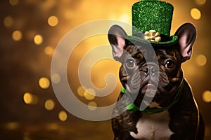 Charming French Bulldog in St. Patrick's Day Attire with a Lucky Shamrock Hat - Generative AI