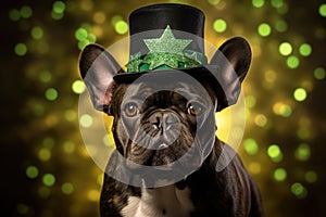 Charming French Bulldog in St. Patrick's Day Attire with a Lucky Shamrock Hat - Generative AI