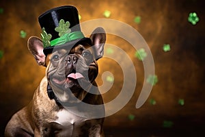 Charming French Bulldog in St. Patrick's Day Attire with a Lucky Shamrock Hat - Generative AI