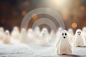 Charming and friendly ghost surrounded by Halloween decorations, perfect for adding your own message