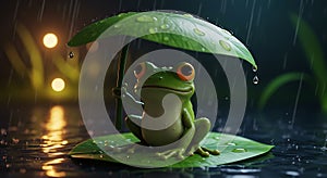 Charming Frog Under a Lily Pad Umbrella: A Whimsical Night Scene photo