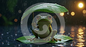 Charming Frog Under Rainy Leaf Umbrella: A Whimsical Night Scene photo