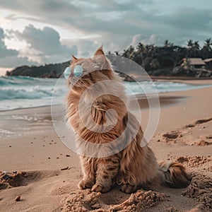 Charming ginger cat with stylish sunglasses enjoying a leisurely day on a sandy beach photo