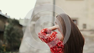 Charming Girl Having Fun On Street Of Old Town On Happy Day.