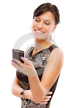 Charming girl reads sms on phone