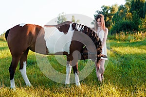 Charming girl in white dress with horse in the field