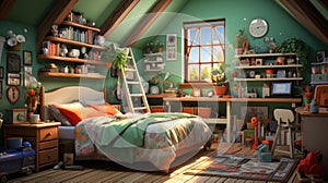 Charming girls\' room: sage walls, colorful books, photorealistic playfulness. Created with Generative AI