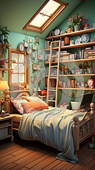 Charming girls\' room: sage walls, colorful books, photorealistic playfulness. Created with Generative AI