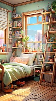 Charming girls\' room: sage walls, colorful books, photorealistic playfulness. Created with Generative AI